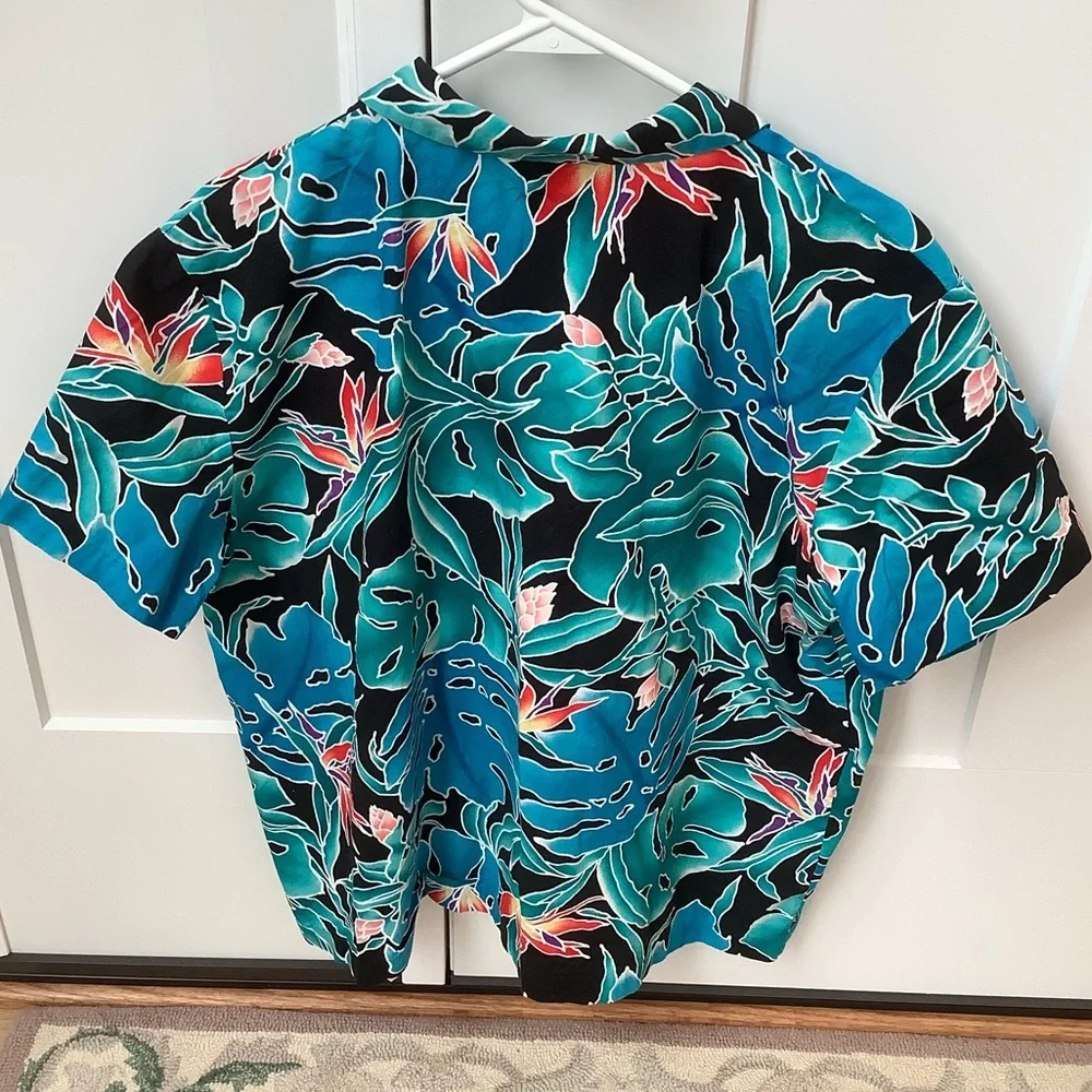 Vintage Hilo Hattie authentic Hawaiian unisex shirt teal black vacation beach